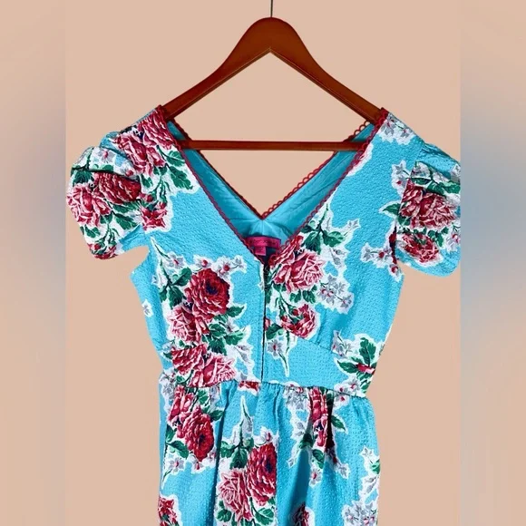 Betsey Johnson Teal Blue Floral Babydoll Tiered seersucker Tea Dress - Picture 6 of 10